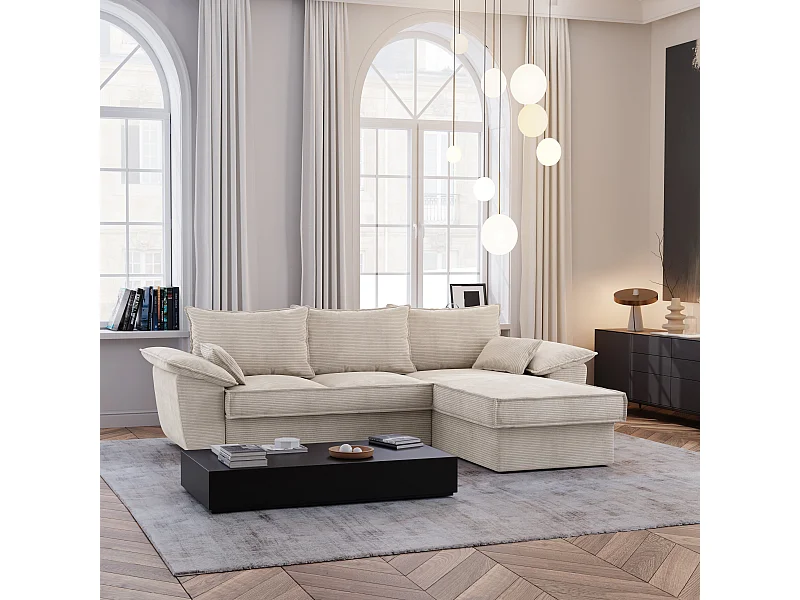 Canapé d'angle droit coffre convertible velours côtelé crème 257cm SASHA
