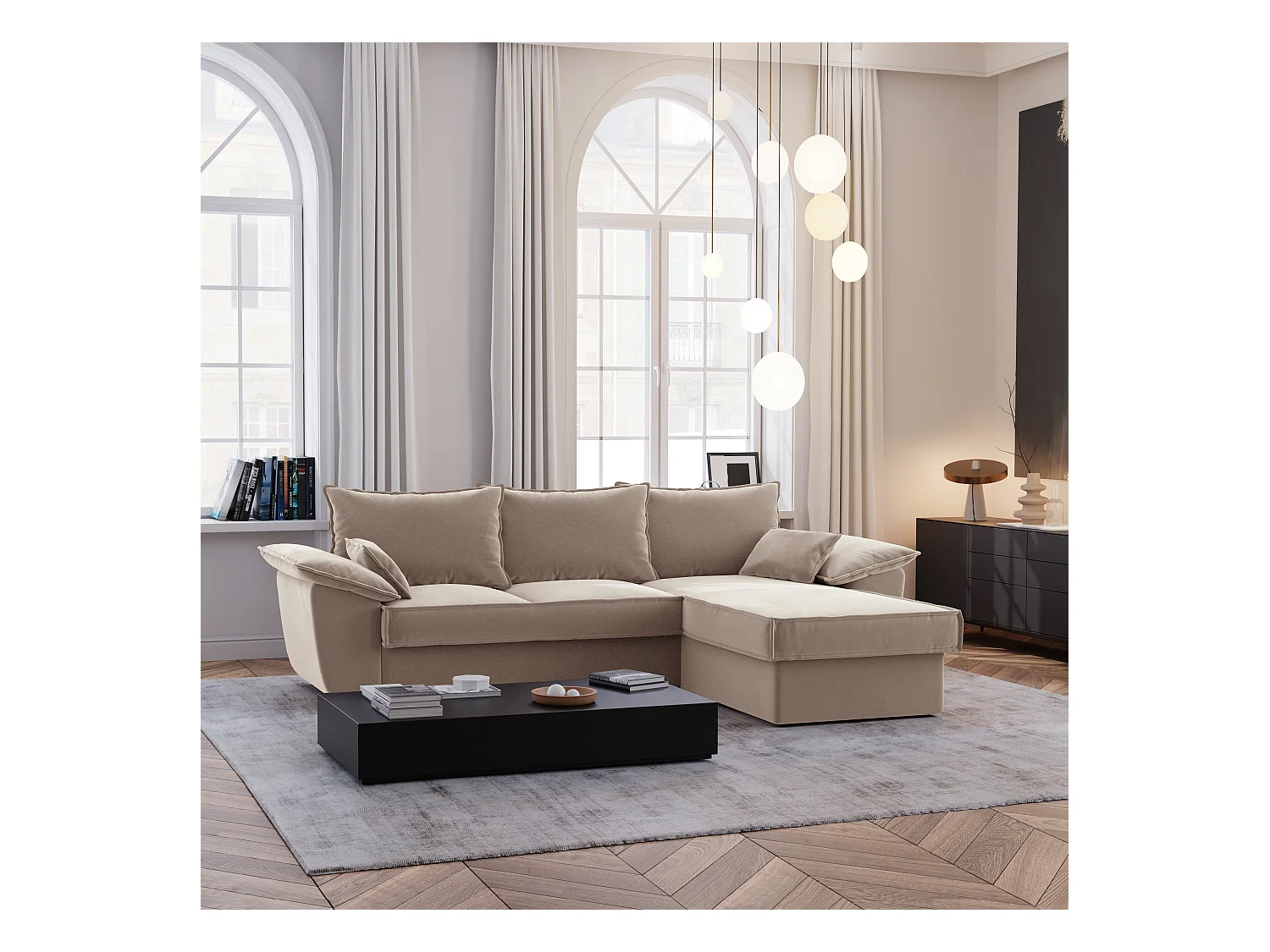 Canapé d'angle droit coffre convertible tissu velours beige 257cm  SASHA
