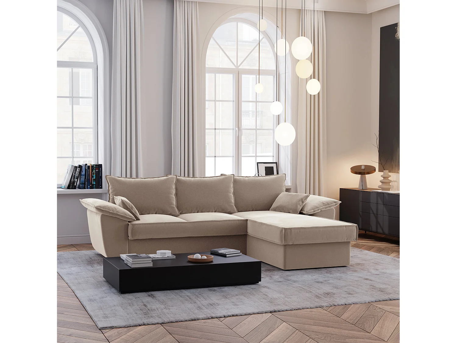 Canapé d'angle droit coffre convertible tissu velours beige 257cm  SASHA