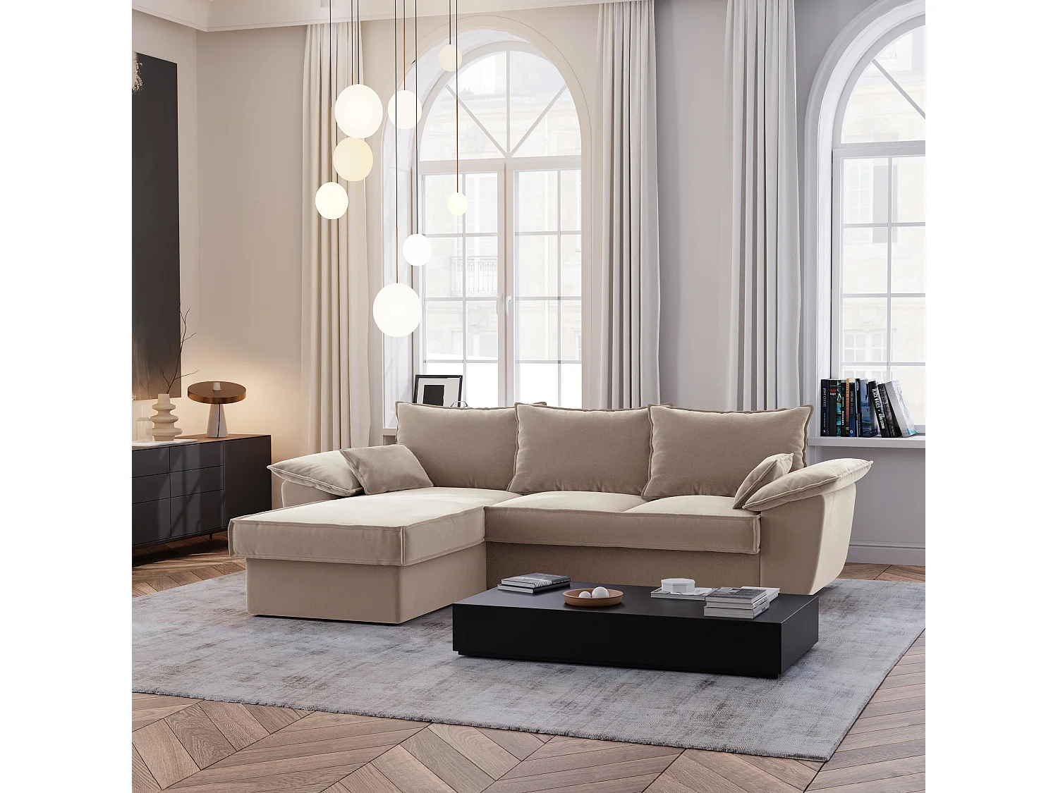 Canapé d'angle gauche coffre convertible tissu velours beige 257cm SASHA