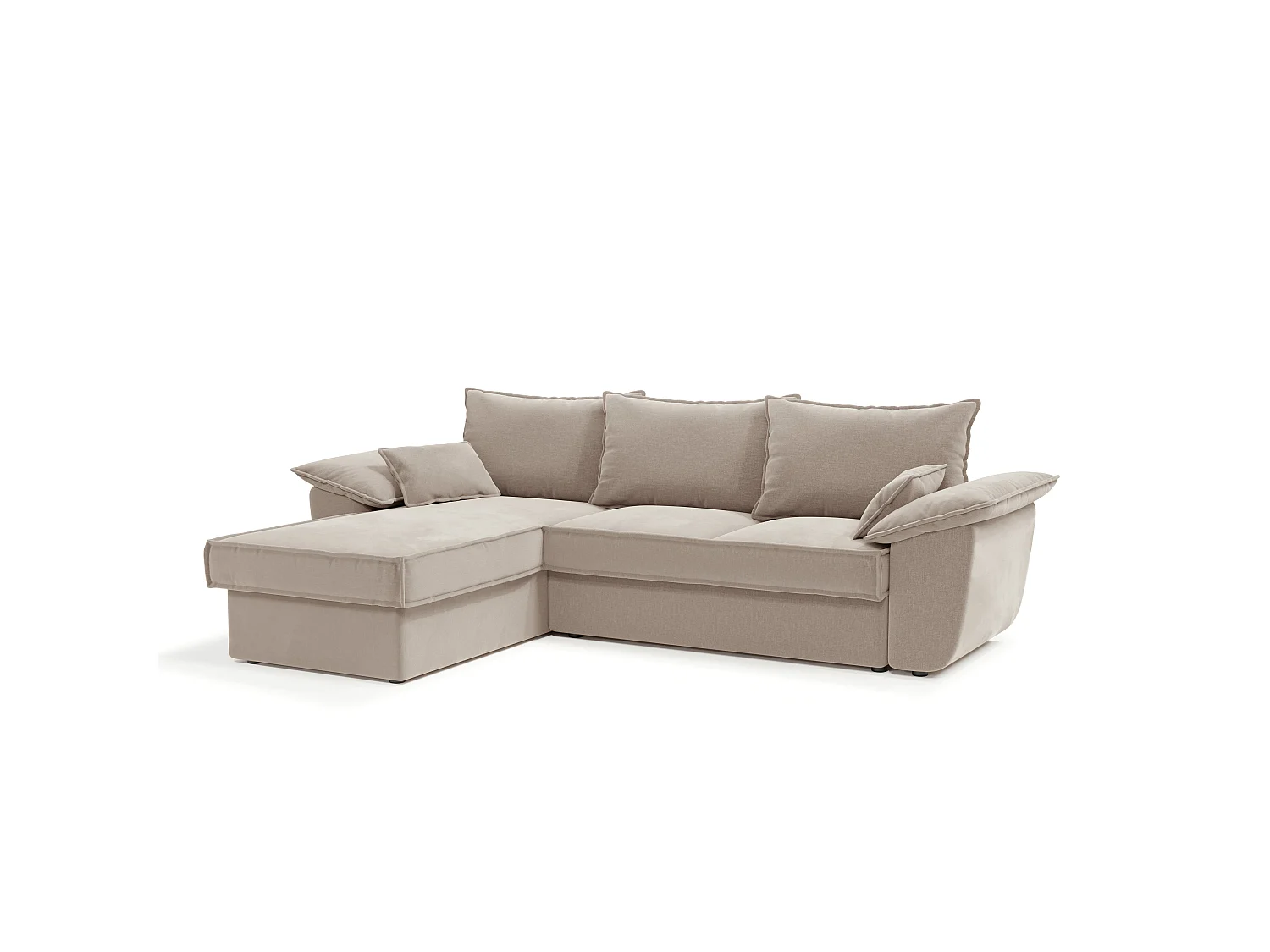 Canapé d'angle gauche coffre convertible tissu velours beige 257cm SASHA