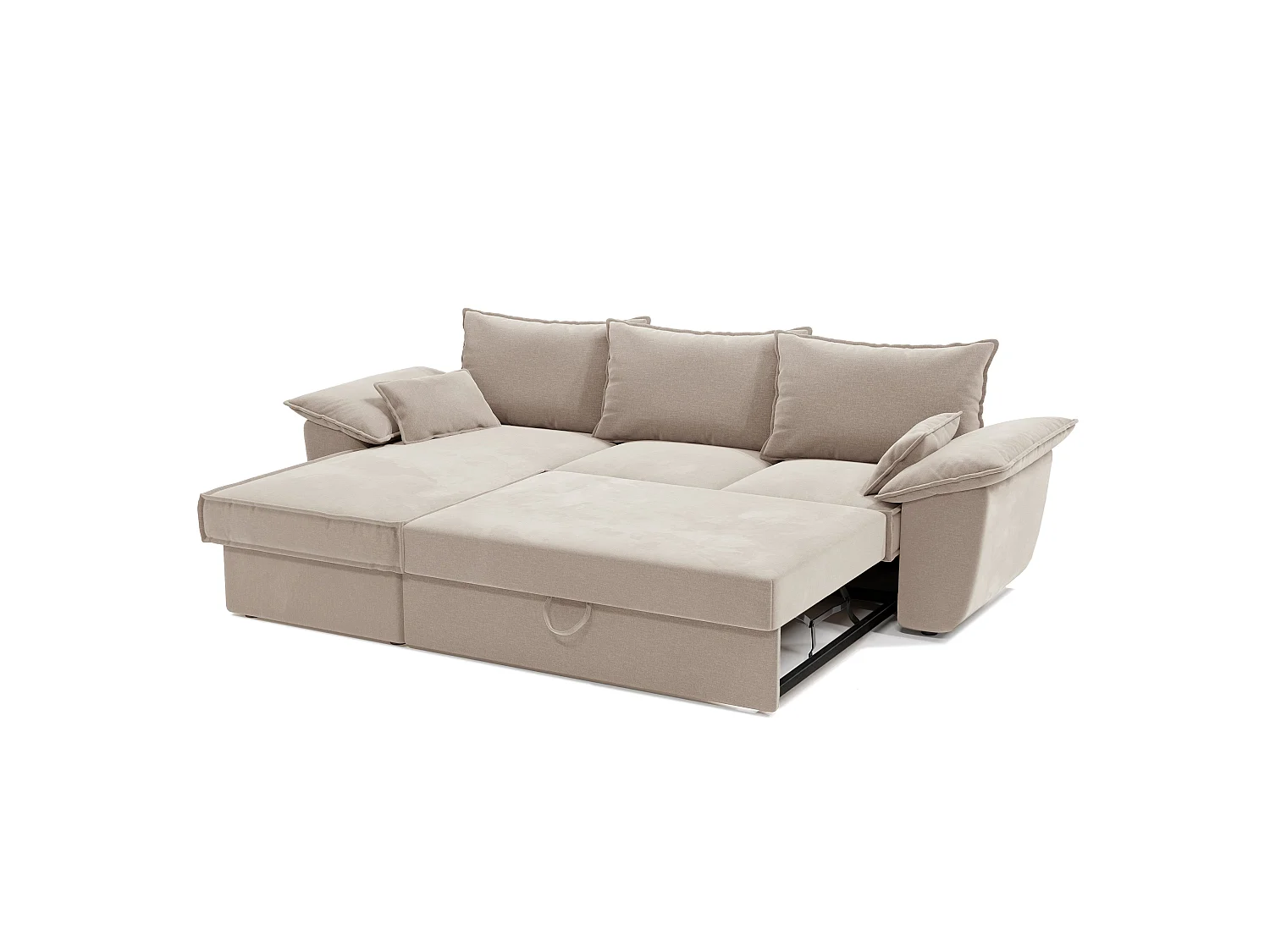 Canapé d'angle gauche coffre convertible tissu velours beige 257cm SASHA