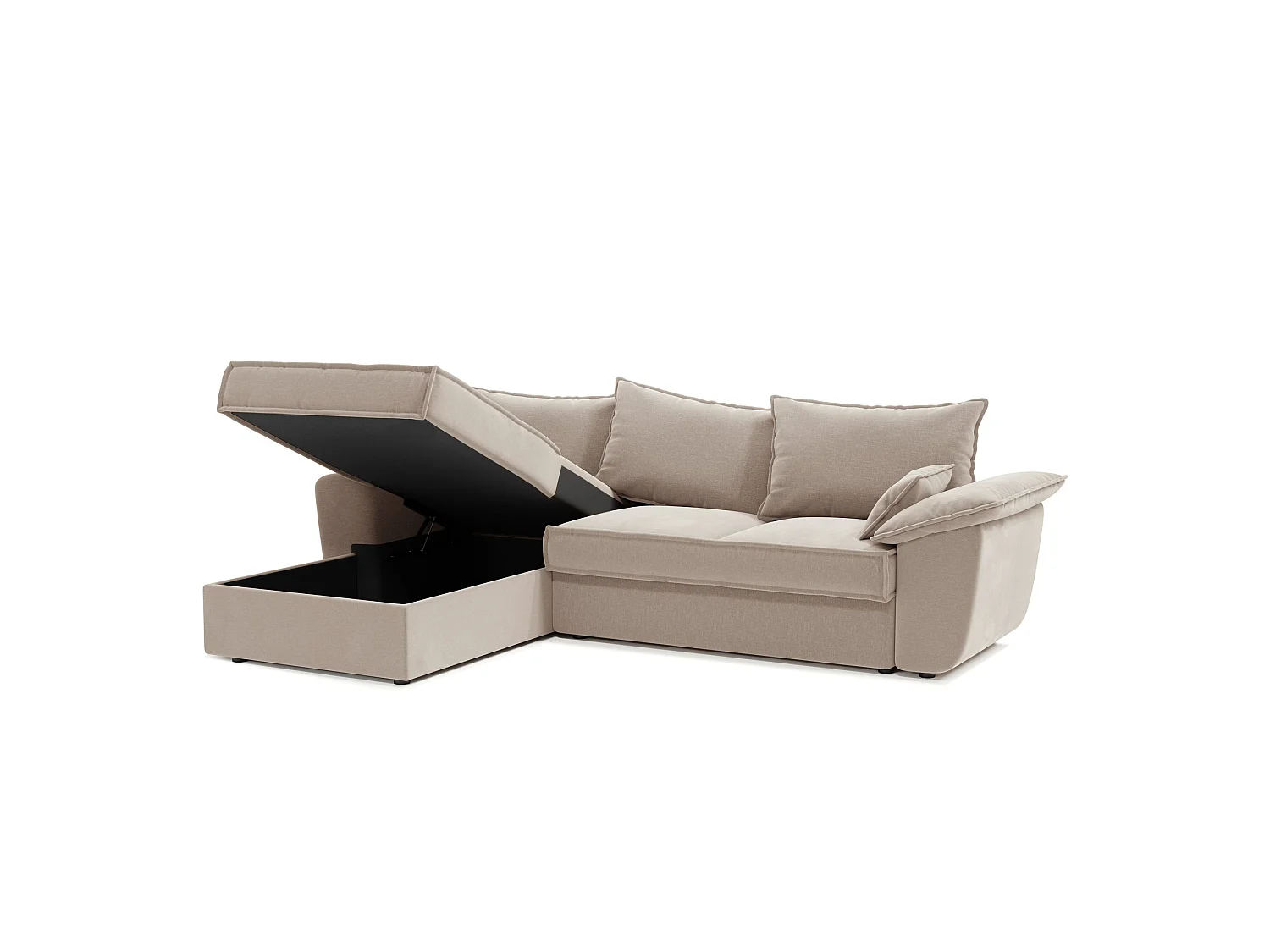 Canapé d'angle gauche coffre convertible tissu velours beige 257cm SASHA