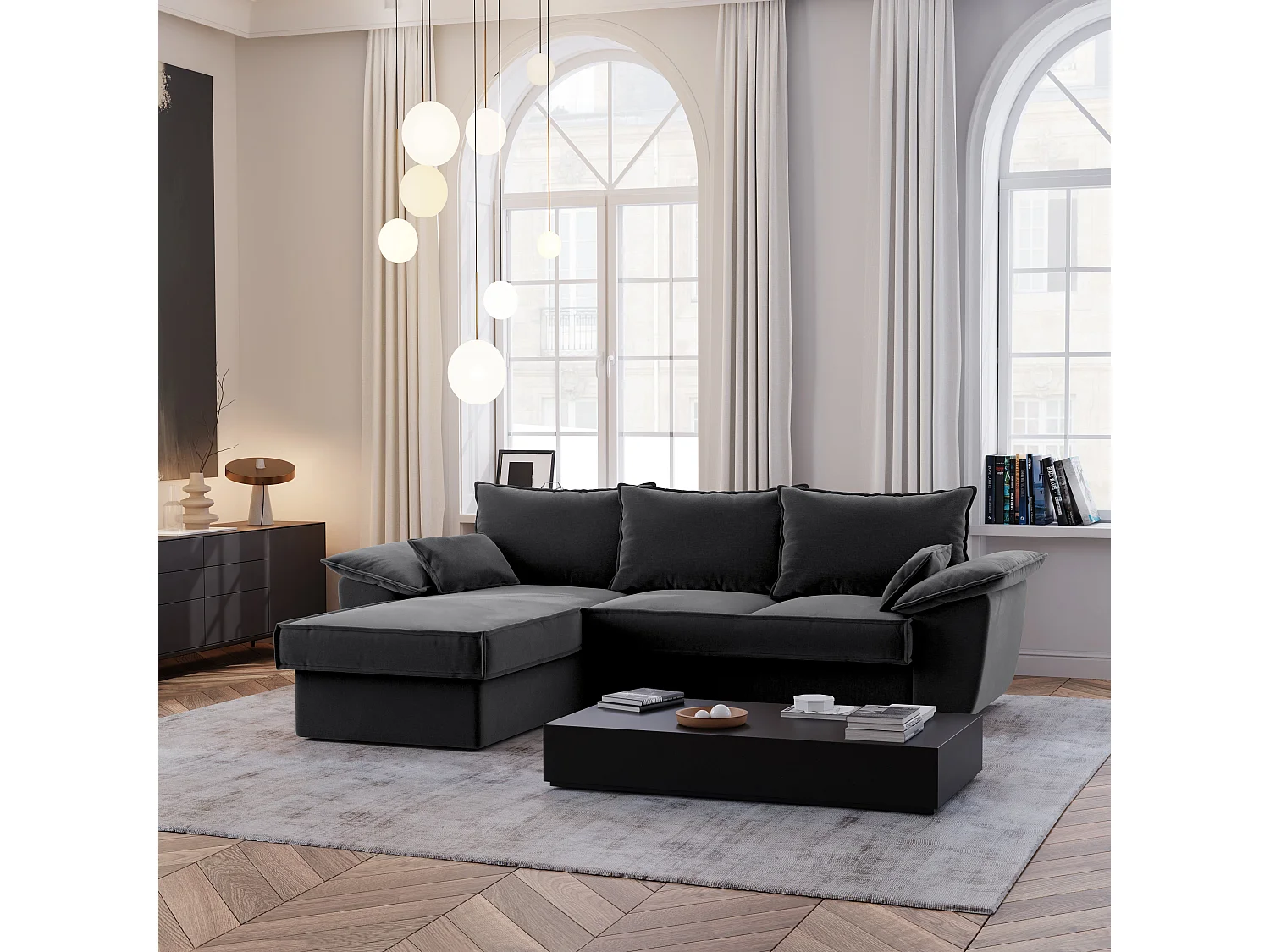 Canapé d'angle gauche coffre convertible velours gris graphite 257cm SASHA