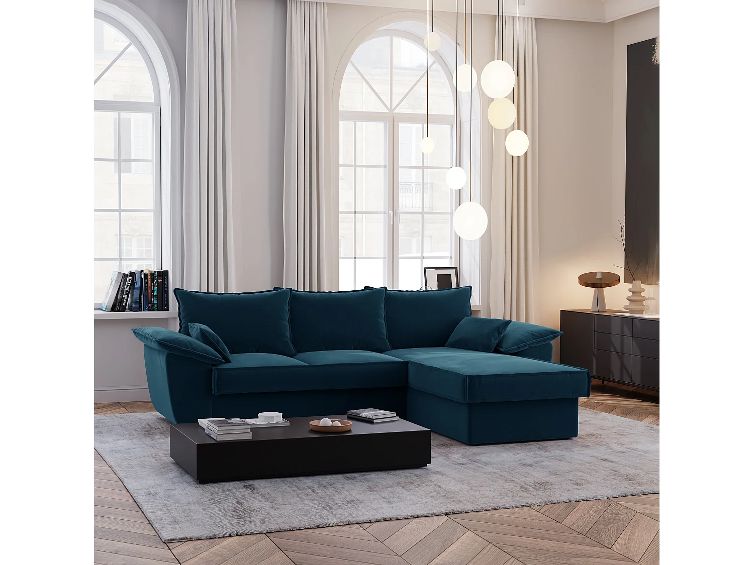 Canapé d'angle droit coffre convertible velours bleu paon 257cm SASHA