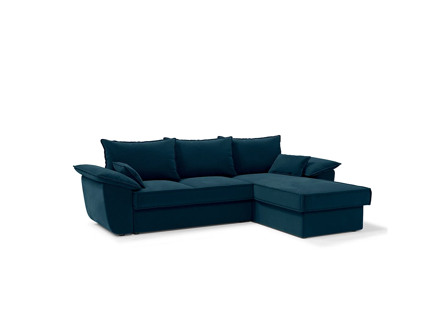 Canapé d'angle droit coffre convertible velours bleu paon 257cm SASHA