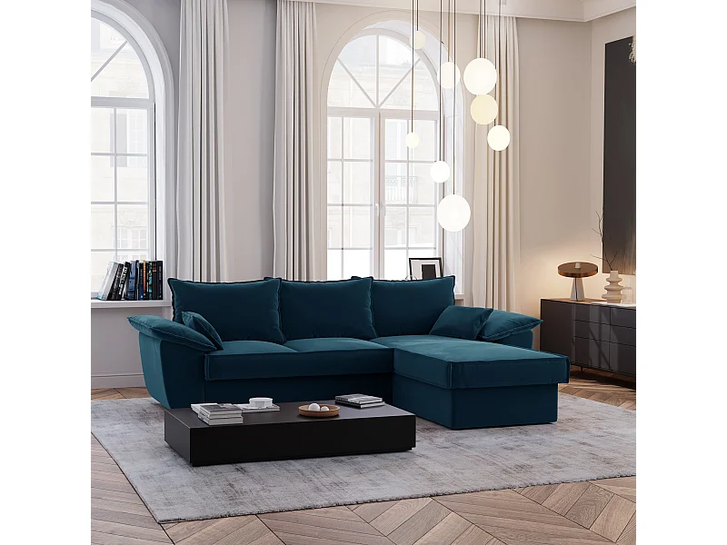Canapé d'angle droit coffre convertible velours bleu paon 257cm SASHA