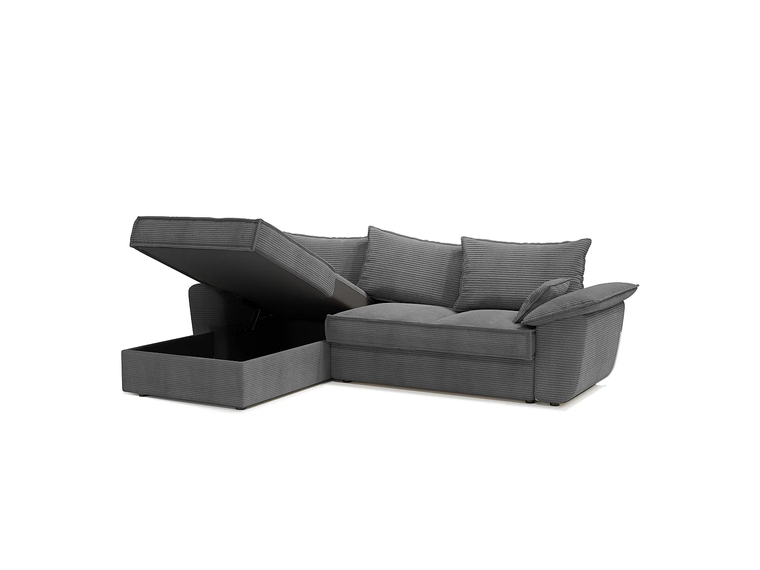 Canapé angle gauche coffre convertible velours côtelé antracite 257cm SASHA