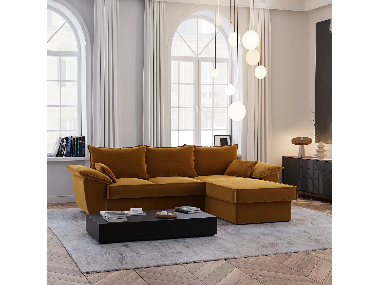 Canapé d'angle droit coffre convertible velours moutarde 257cm