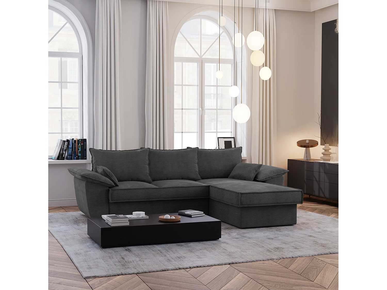 Canapé angle droit coffre convertible velours côtelé anthracite 257cm SASHA