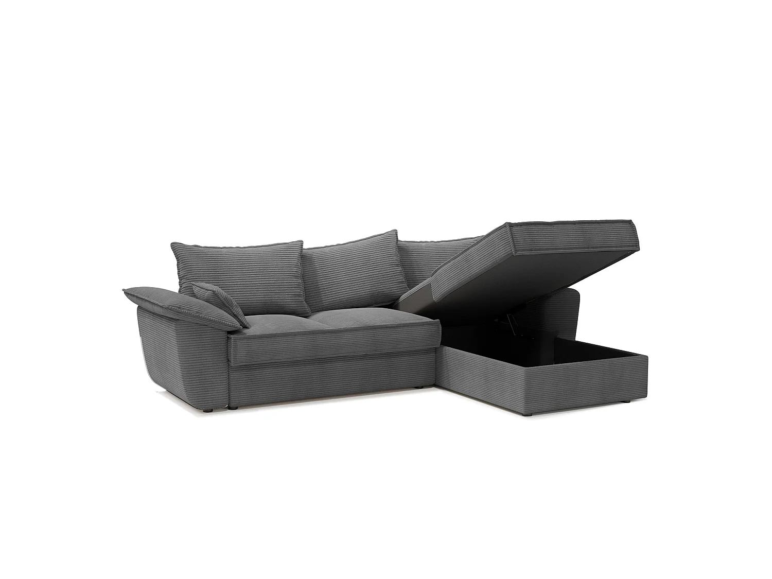 Canapé angle droit coffre convertible velours côtelé anthracite 257cm SASHA