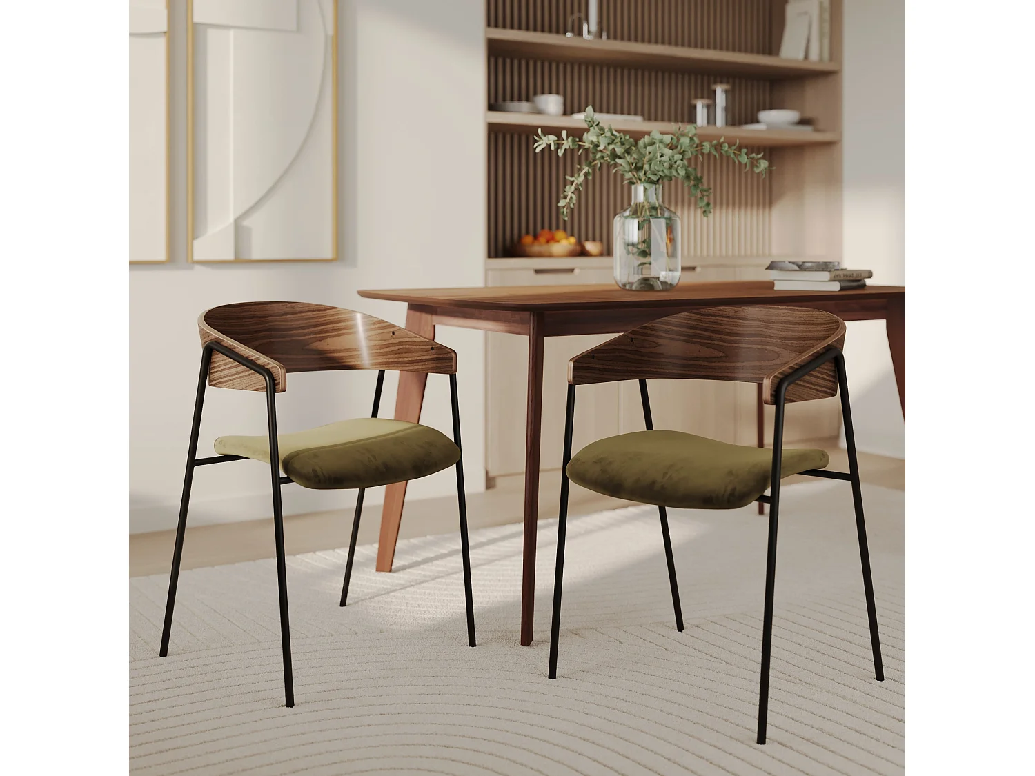 Set de 2 sillas en terciopelo verde kaki y madera de nogal - Esmée