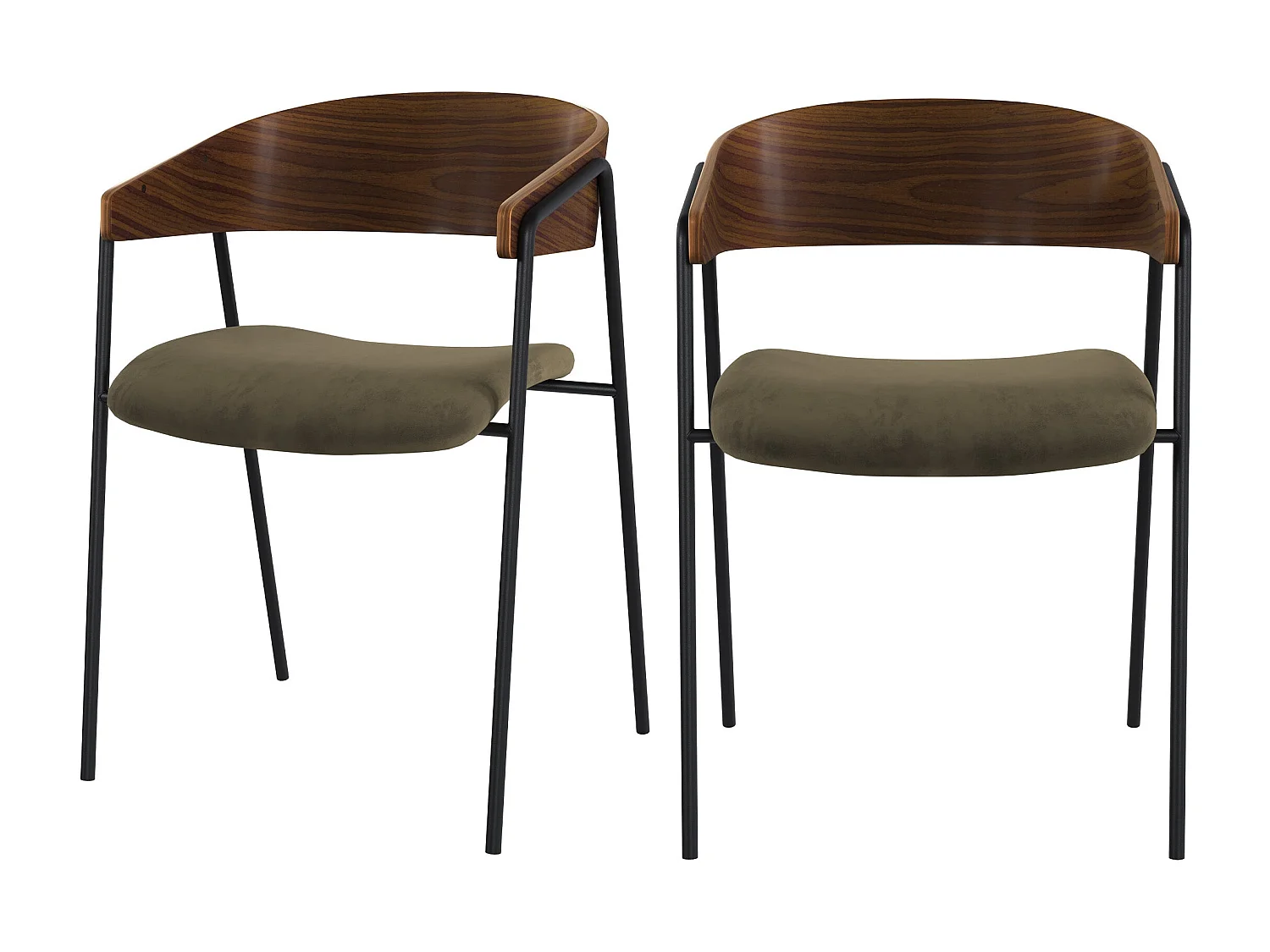 Lot de 2 chaises en velours vert kaki et bois de noyer - Esmée