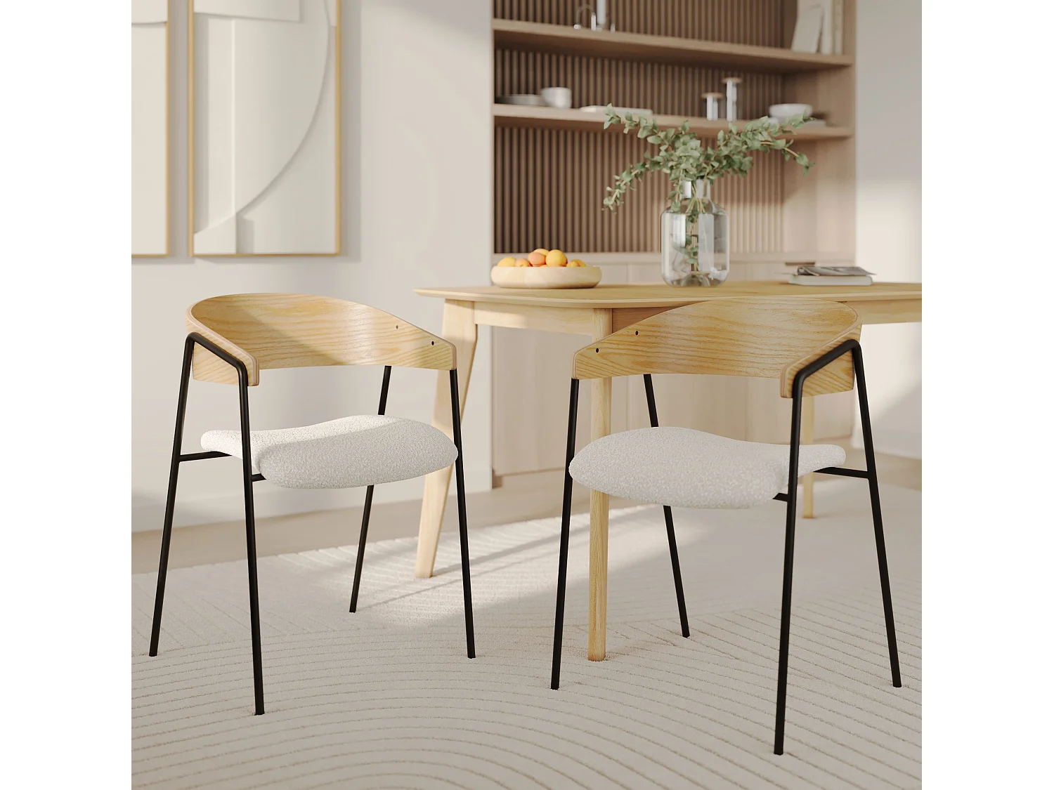 Lot de 2 chaises en tissu bouclé blanc et bois de chêne - Esmée