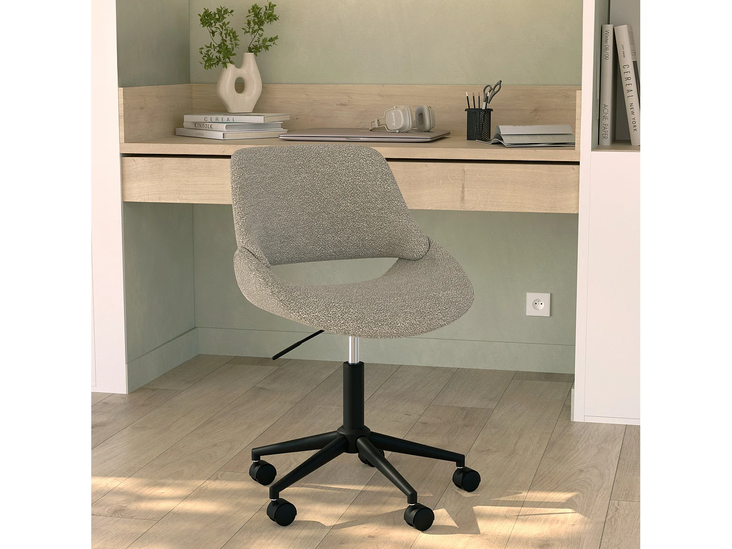 Chaise de bureau pivotante et réglable en tissu bouclé beige - Dune