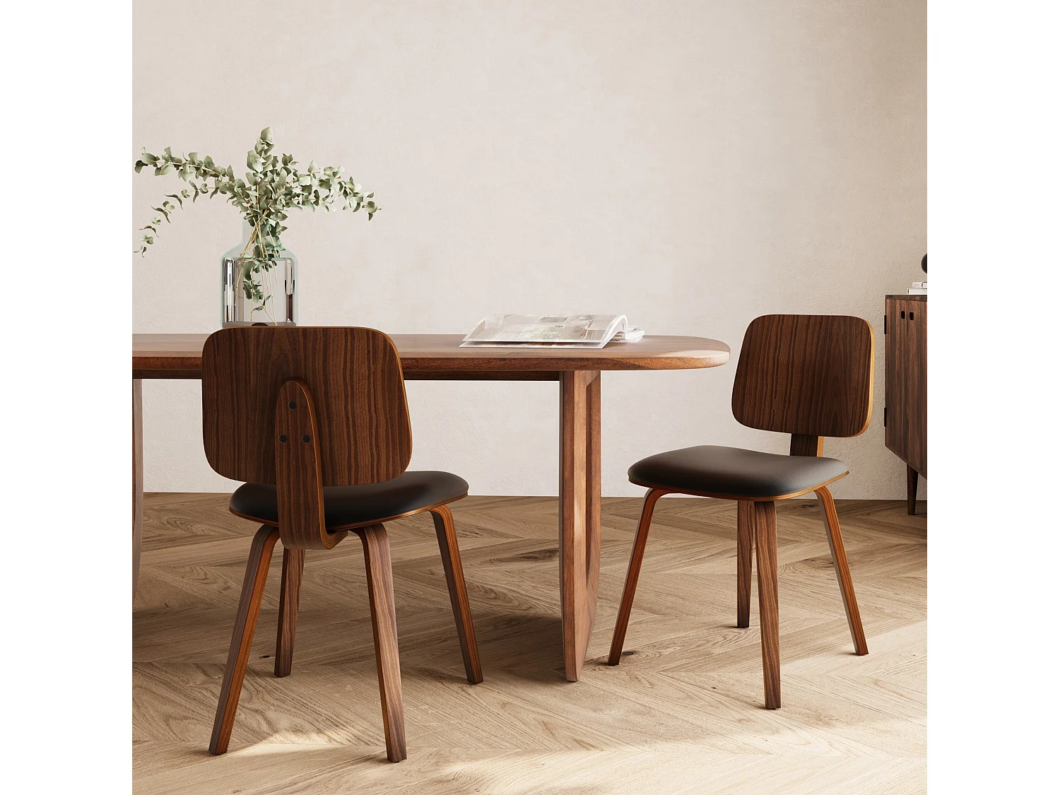 Lot de 2 chaises en bois plaqué noyer et PU noir - Flow