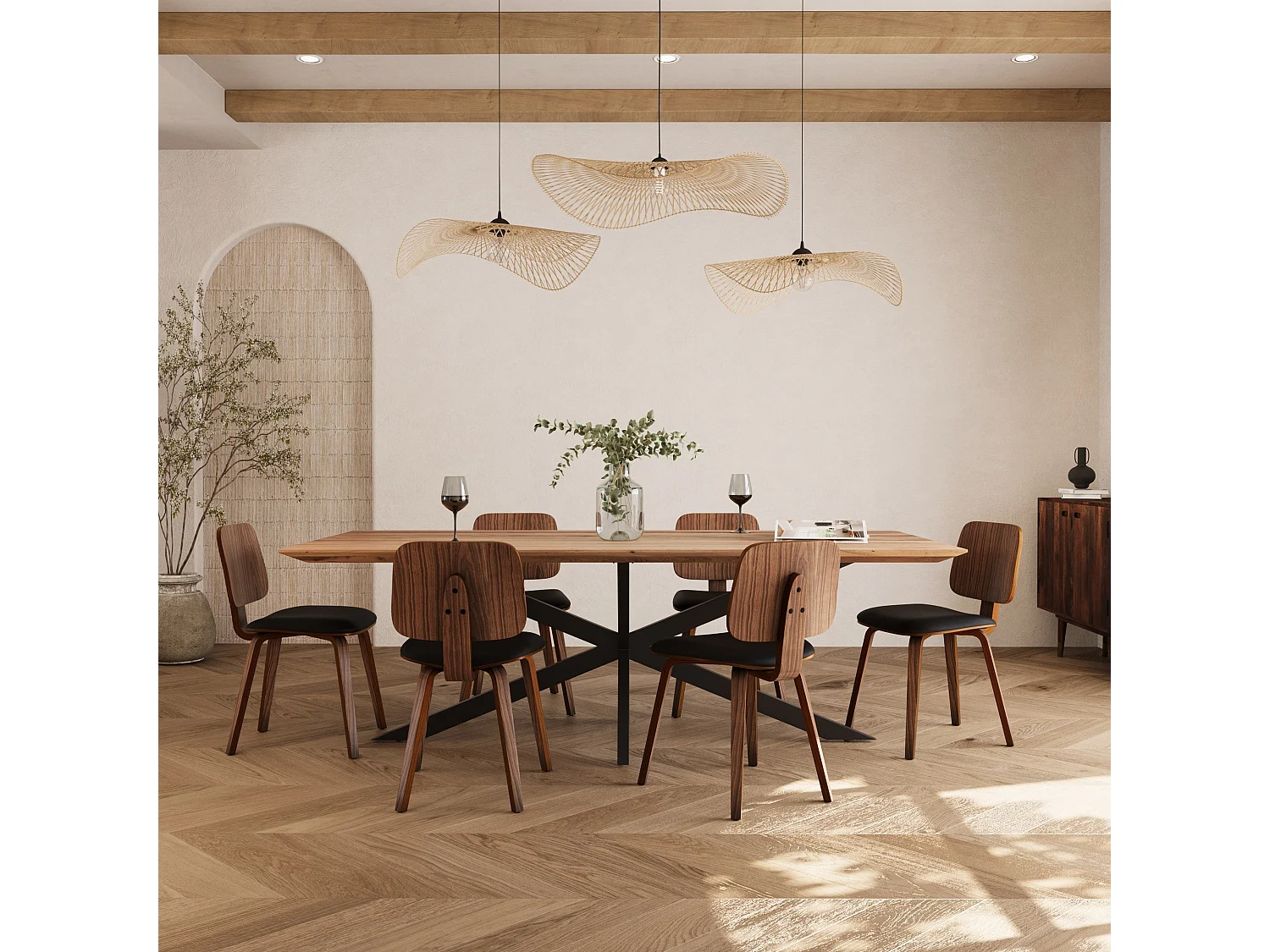 Lot de 2 chaises en bois plaqué noyer et PU noir - Flow