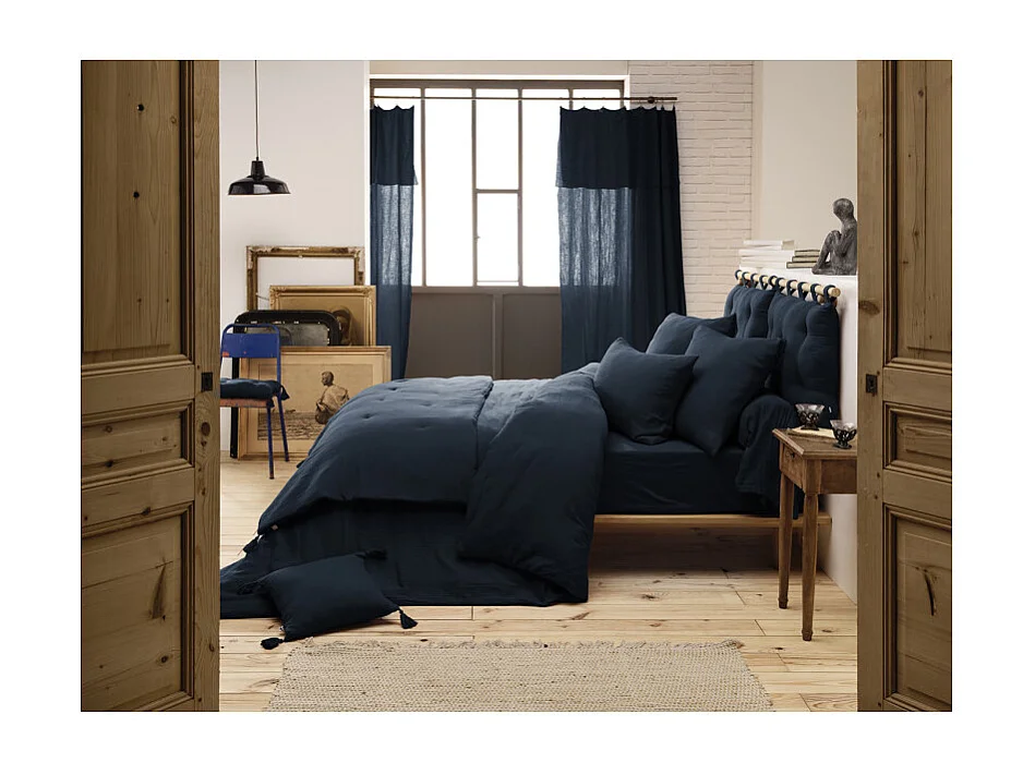 Rideau ajustable 140 x 300 cm en double gaze de coton bleu nuit - PEPA