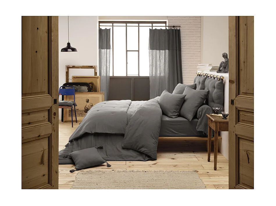 Rideau ajustable 140 x 300 cm en double gaze de coton gris - PEPA