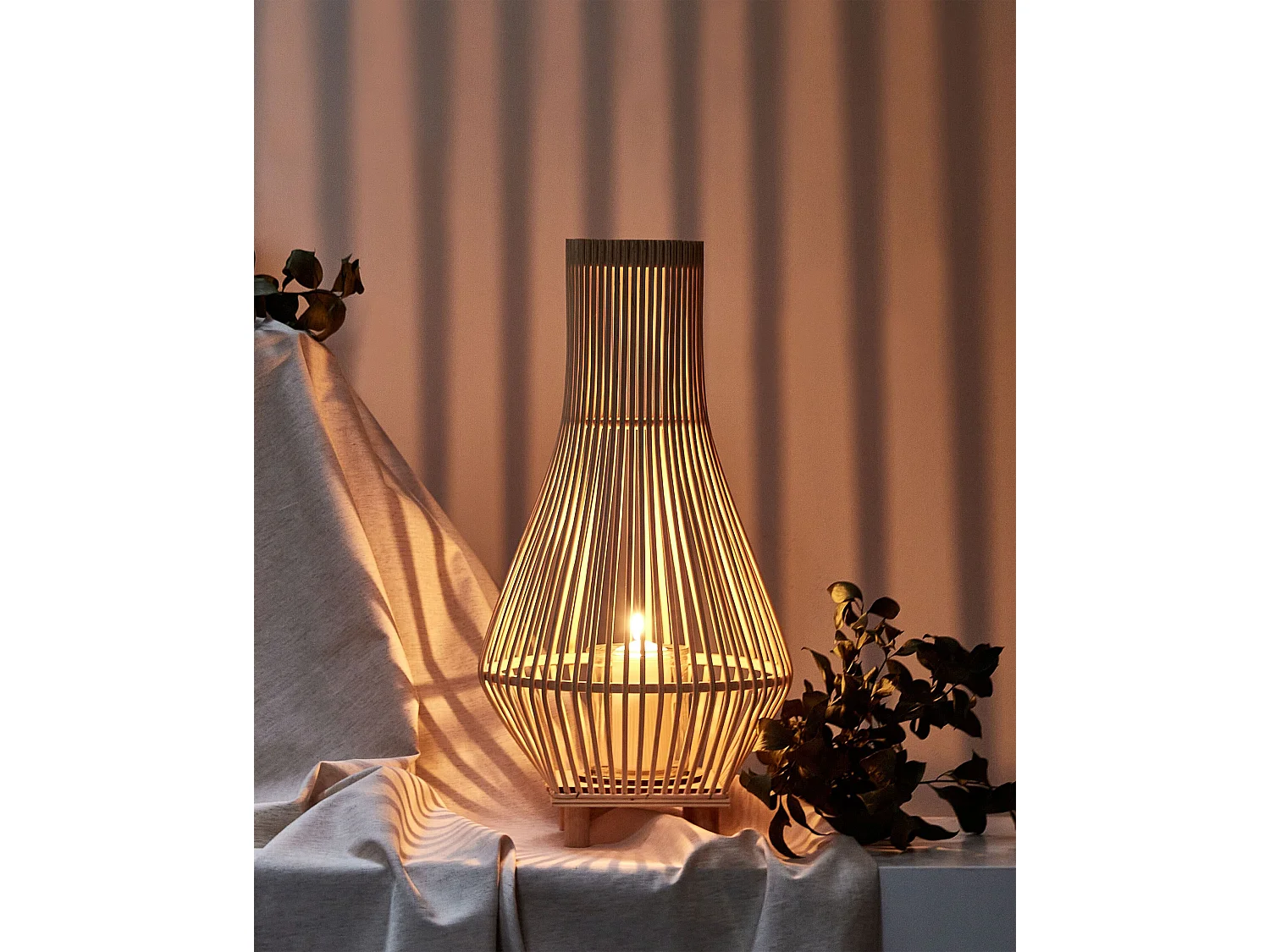 Lantern LEYTE Willow Wood 58 cm Light Brown