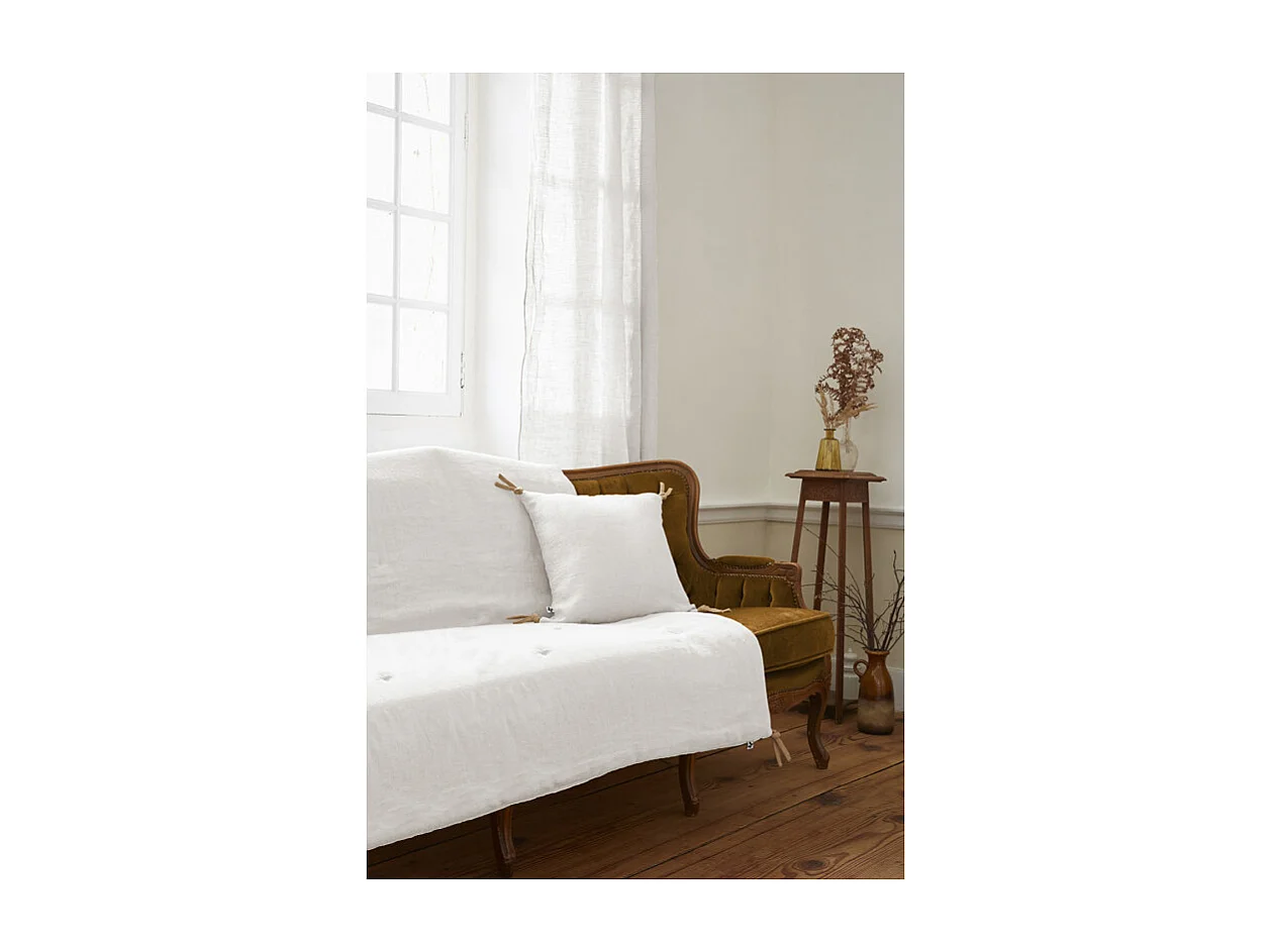 Édredon 150 x 150 cm lin lavé blanc avec 4 nouettes en jute - LUISA