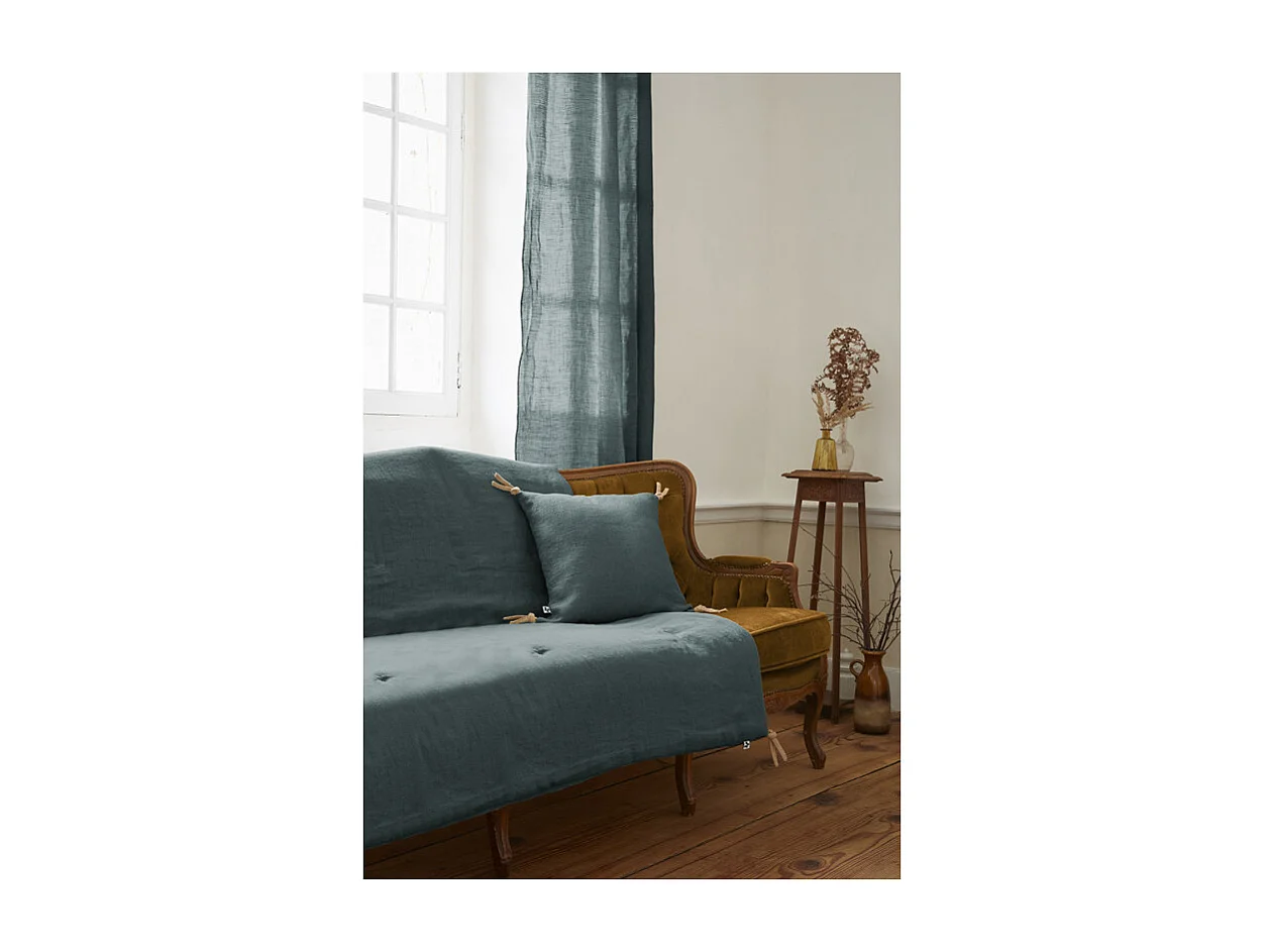 Édredon 150 x 150 cm lin lavé bleu avec 4 nouettes en jute - LUISA