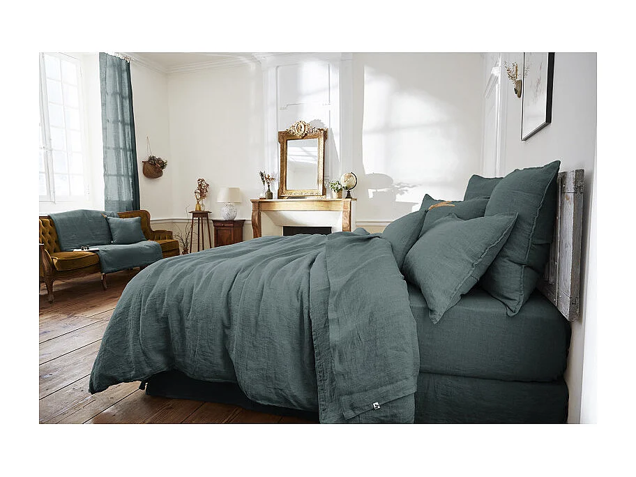 Édredon 150 x 150 cm lin lavé bleu avec 4 nouettes en jute - LUISA