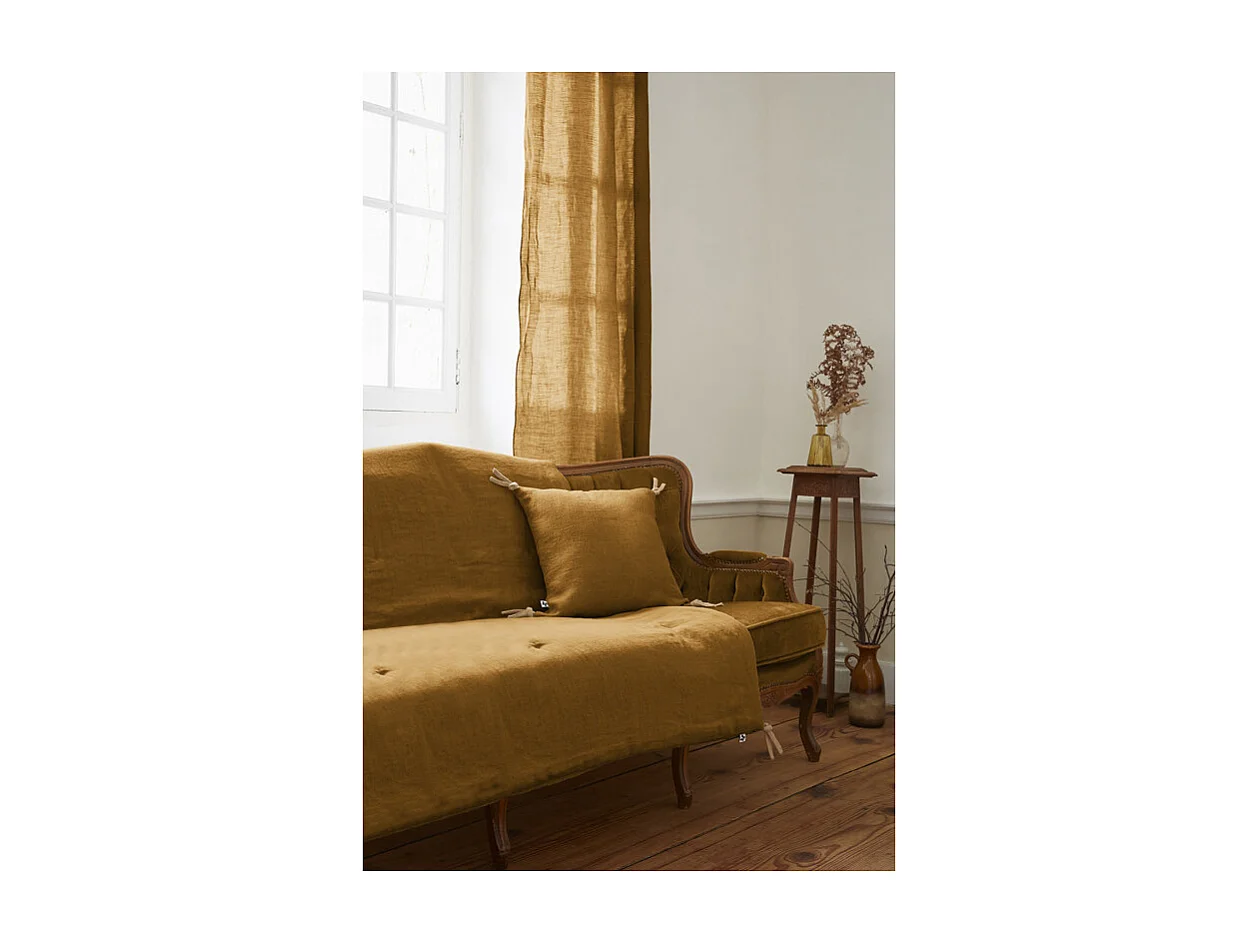 Édredon 150 x 150 cm lin lavé caramel avec 4 nouettes en jute - LUISA