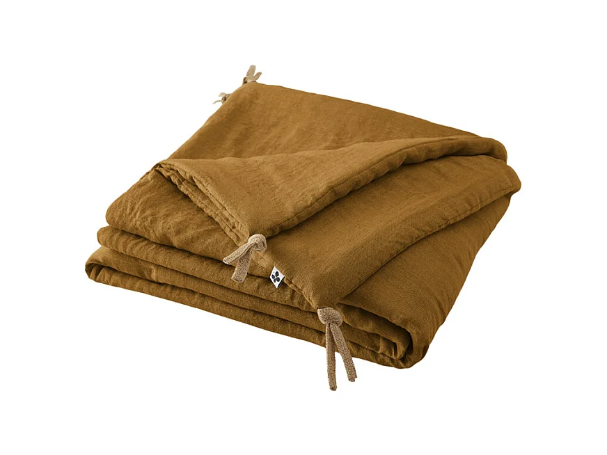 Édredon 150 x 150 cm lin lavé caramel avec 4 nouettes en jute - LUISA