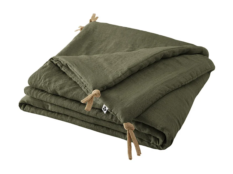 Édredon 90 x 200 cm lin lavé vert avec 4 nouettes en jute - LUISA