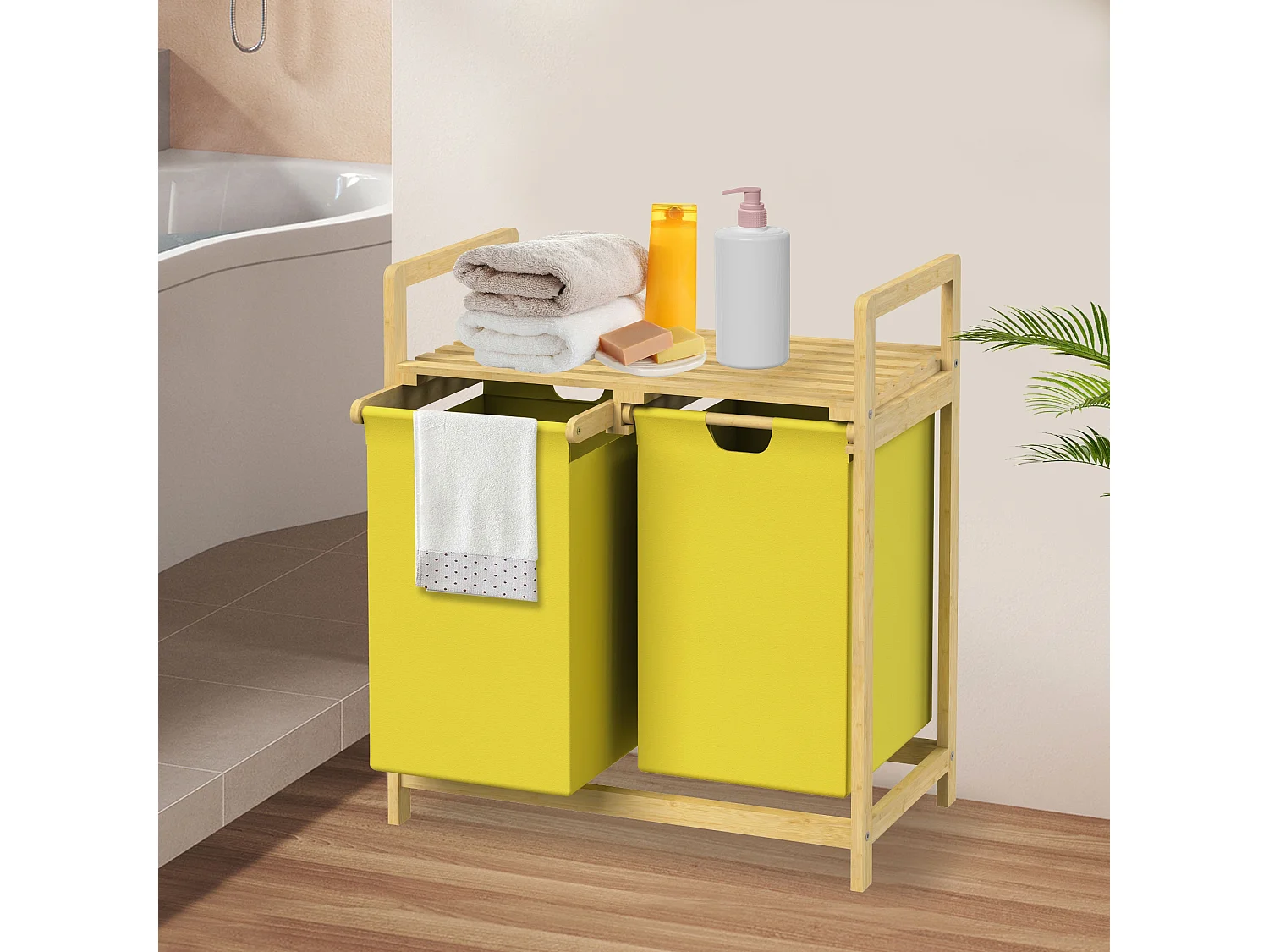 Cesta de la ropa de bambú colector de lavandería cesta del pecho 2 bolsas de lavandería clasificador de lavandería