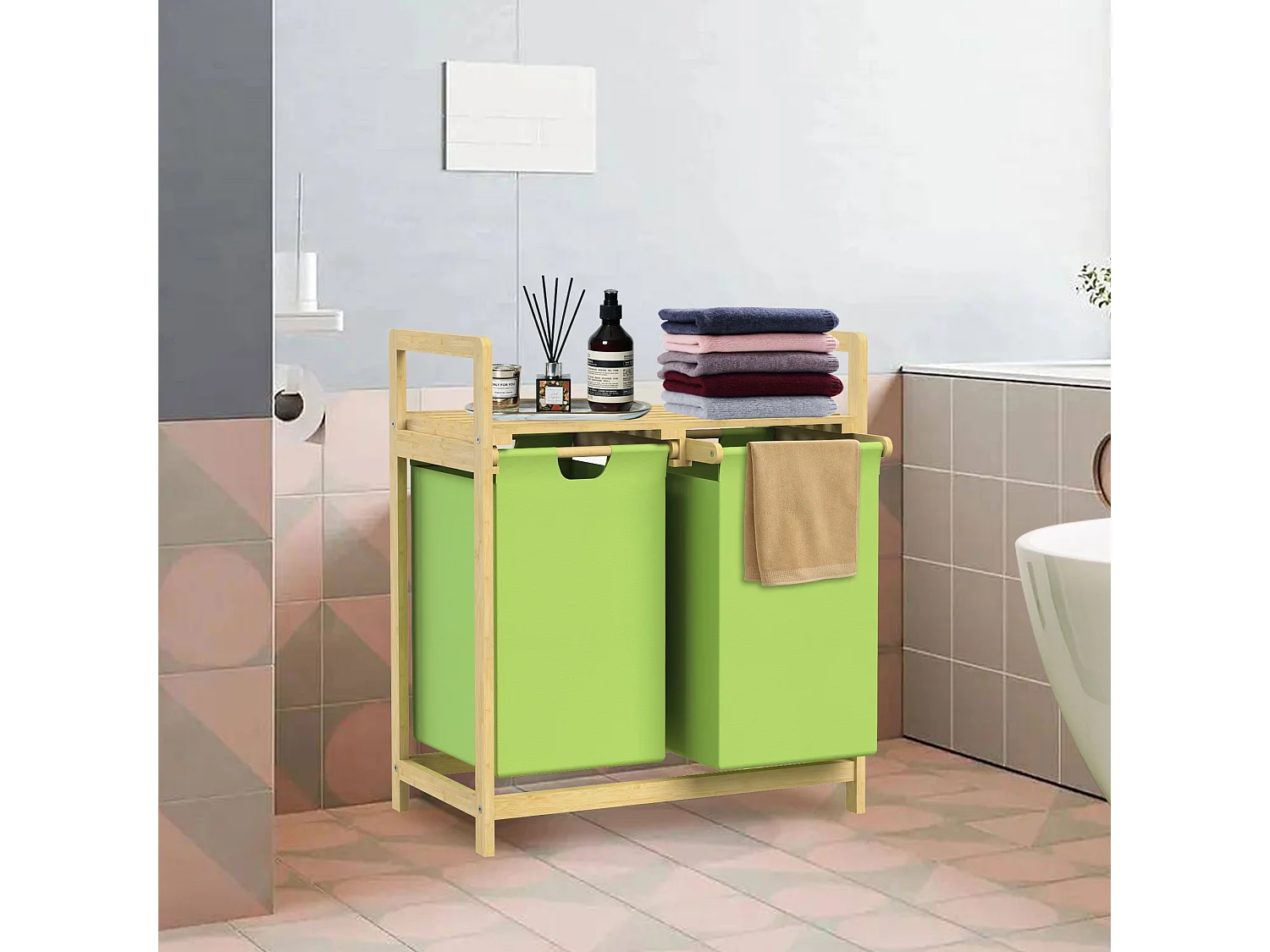 Panier à linge en bambou Collecteur de linge Coffre à linge Panier 2 sacs à linge Trieur de linge