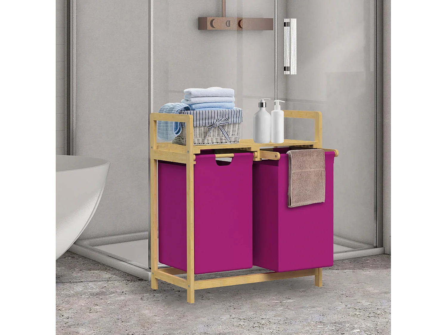 Panier à linge en bambou Collecteur de linge Coffre à linge Panier 2 sacs à linge Trieur de linge