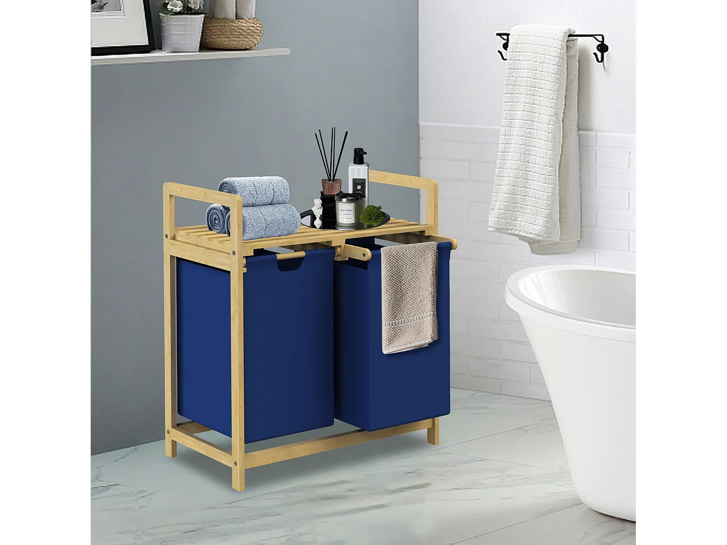 Cesta de lavandería de bambú Colector de lavandería cofre de lavandería cesta 2 bolsas de lavandería Clasificador de lavandería