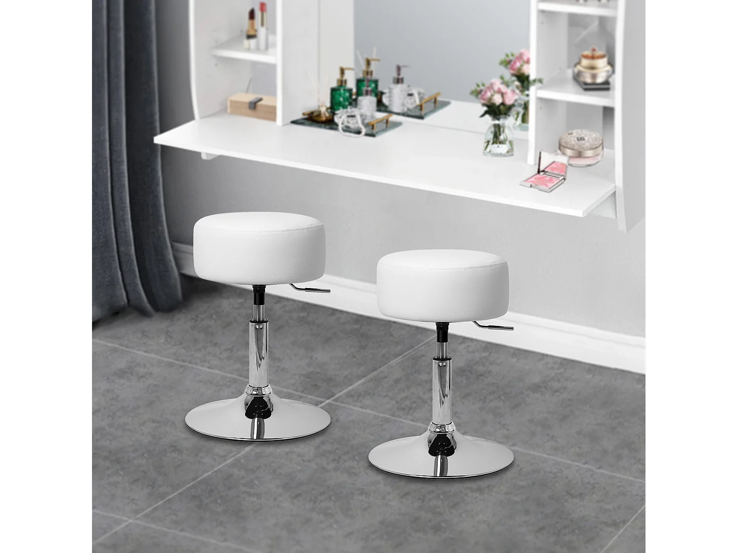 2 x taburete taburete de maquillaje taburete redondo taburete tapizado taburete de bar acero blanco