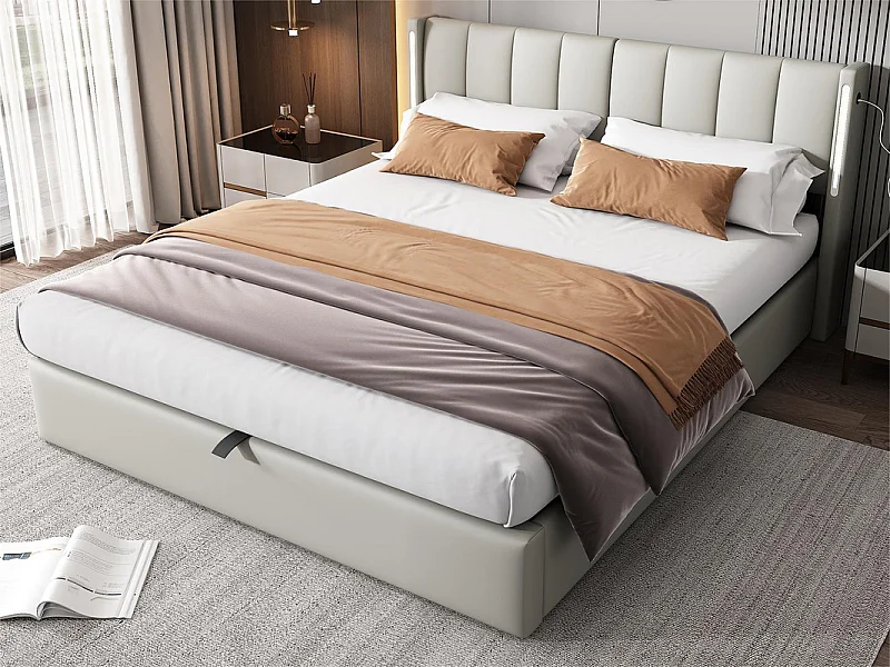 Lit coffre rembourré en similicuir - 160x200cm - avec Port USB et LED - tête de lit à angle réglable - Gris