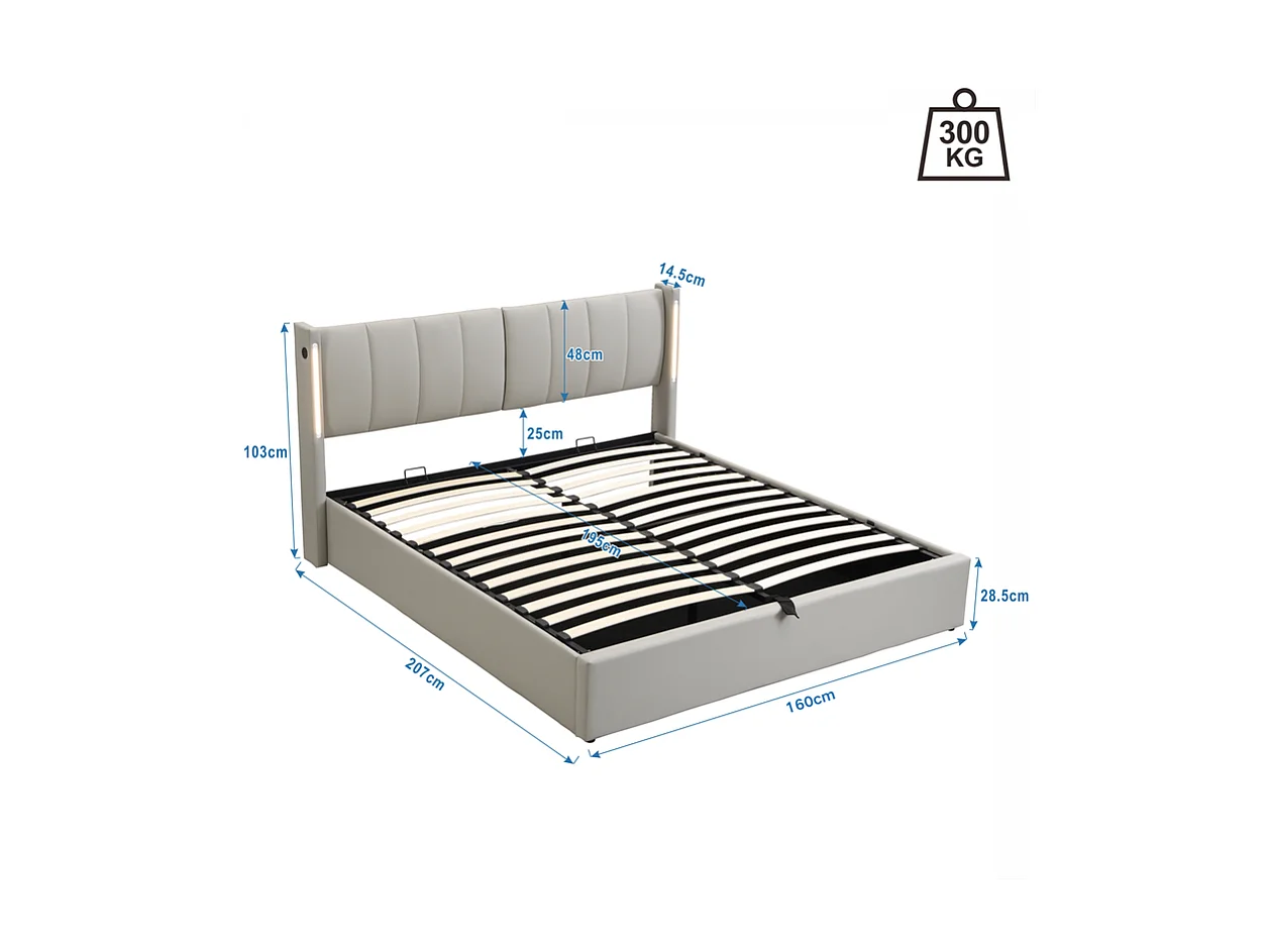 Cama contenedor tapizada en piel sintética - 160x200 cm - con puerto USB y LED - cabecero de ángulo ajustable - Gris