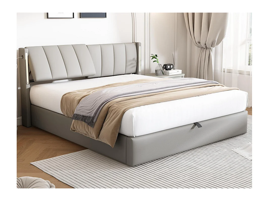 Lit coffre rembourré en similicuir - 140x200cm - avec Port USB et LED - tête de lit à angle réglable - Gris