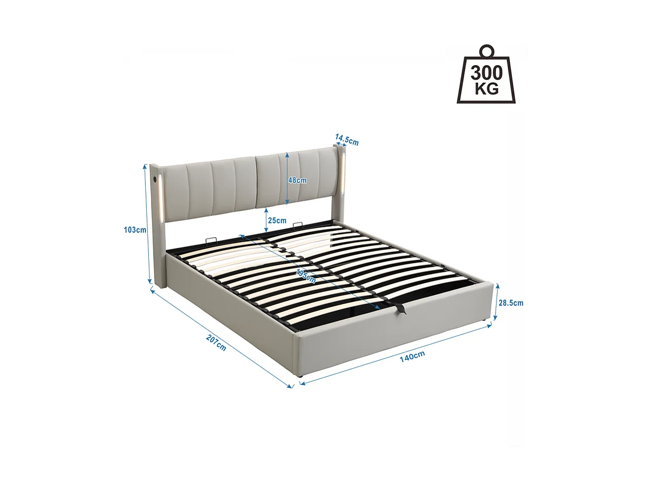 Lit coffre rembourré en similicuir - 140x200cm - avec Port USB et LED - tête de lit à angle réglable - Gris