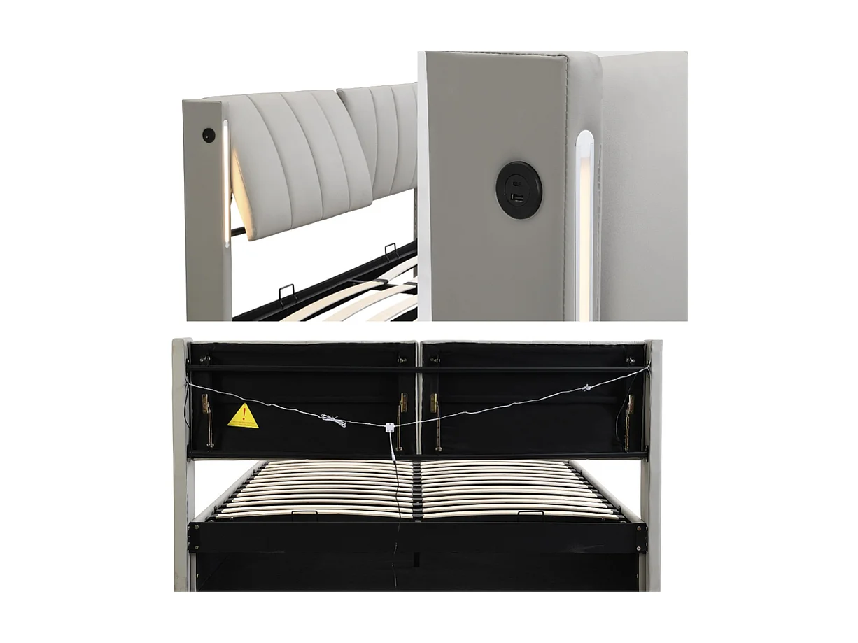 Lit coffre rembourré en similicuir - 140x200cm - avec Port USB et LED - tête de lit à angle réglable - Gris
