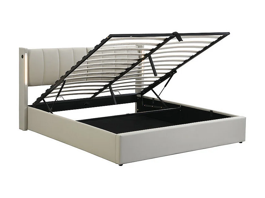 Lit coffre rembourré en similicuir - 140x200cm - avec Port USB et LED - tête de lit à angle réglable - Gris