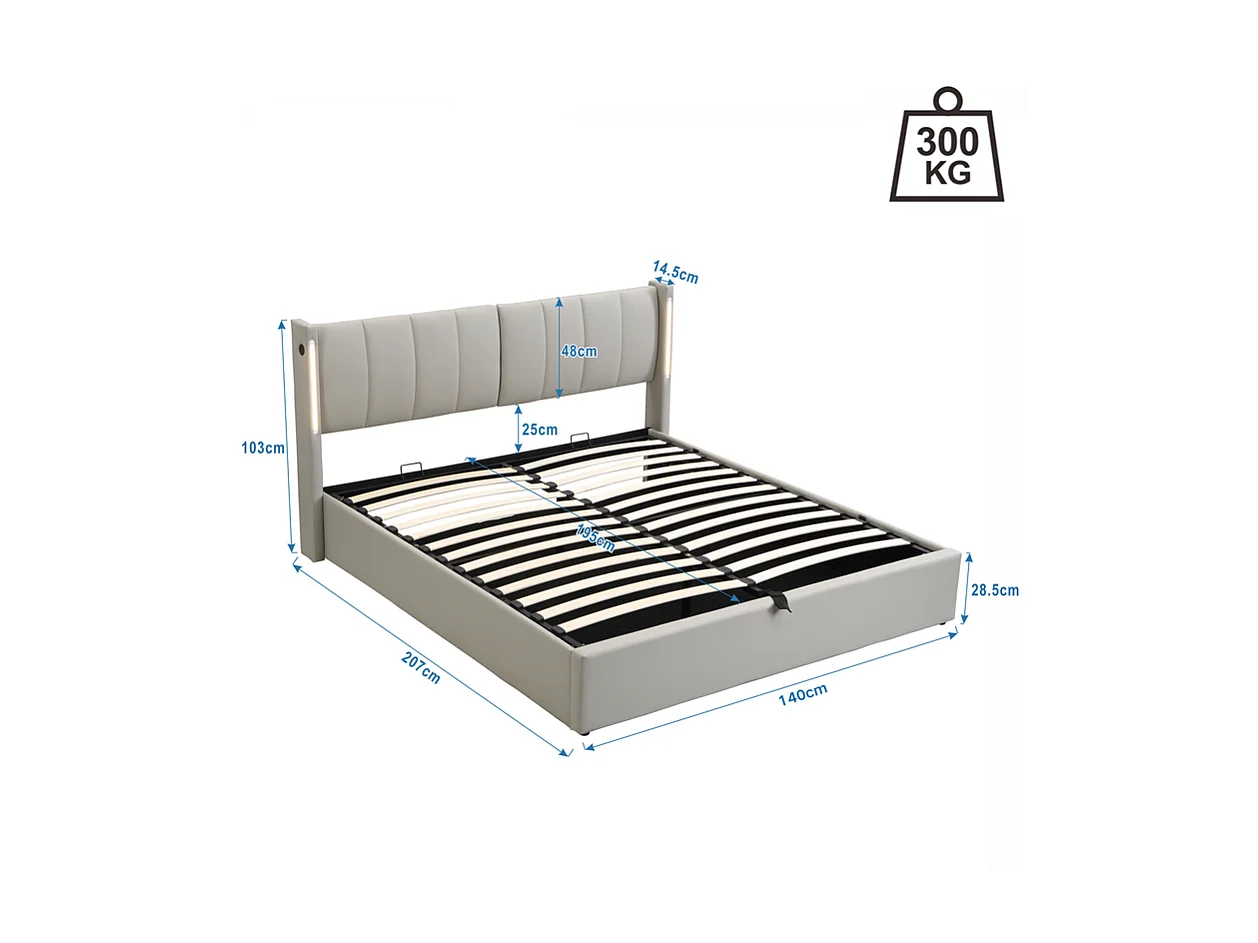 Gepolstertes Stauraumbett aus Kunstleder – 140 x 200 cm – mit USB-Anschluss und LED – verstellbares Kopfteil – Grau