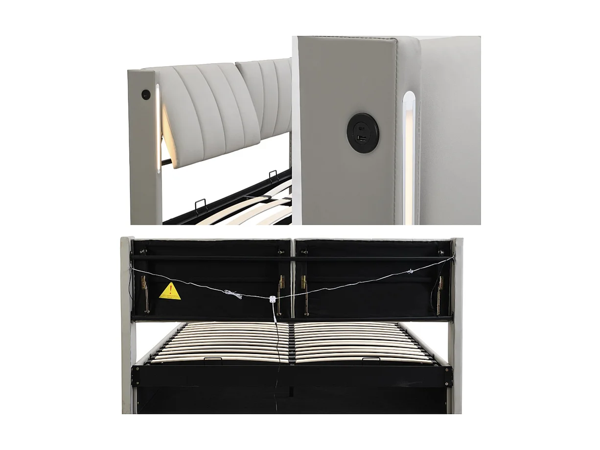 Gepolstertes Stauraumbett aus Kunstleder – 140 x 200 cm – mit USB-Anschluss und LED – verstellbares Kopfteil – Grau