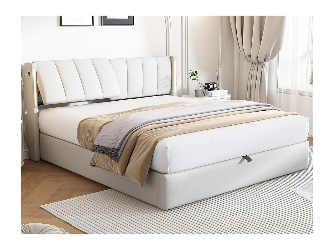 Lit coffre rembourré en similicuir - 180x200cm - avec Port USB et LED - tête de lit à angle réglable - Blanc