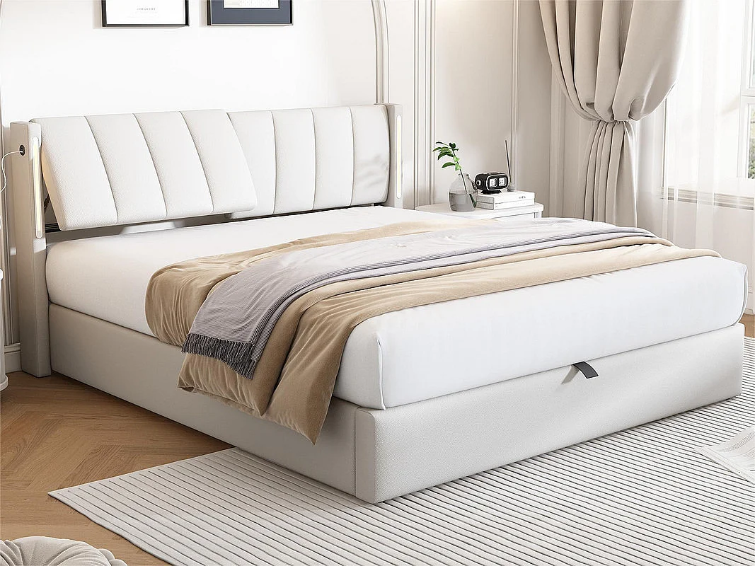 Letto Matrimoniale Imbottito 180x200 Con Contenitore E Testiera Illuminata – Meccanismo Idraulico, Porte USB E Luci Laterali (Beige)