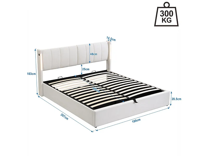 Letto contenitore imbottito in ecopelle - 180x200 cm - con porta USB e LED - testiera ad angolazione regolabile - Bianco