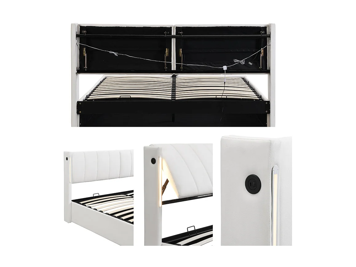 Letto contenitore imbottito in ecopelle - 180x200 cm - con porta USB e LED - testiera ad angolazione regolabile - Bianco