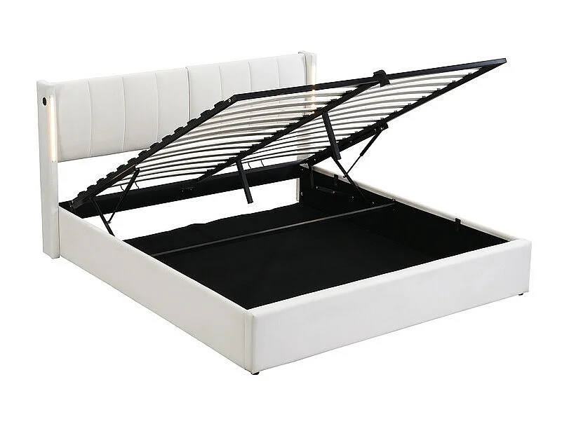 Letto contenitore imbottito in ecopelle - 180x200 cm - con porta USB e LED - testiera ad angolazione regolabile - Bianco