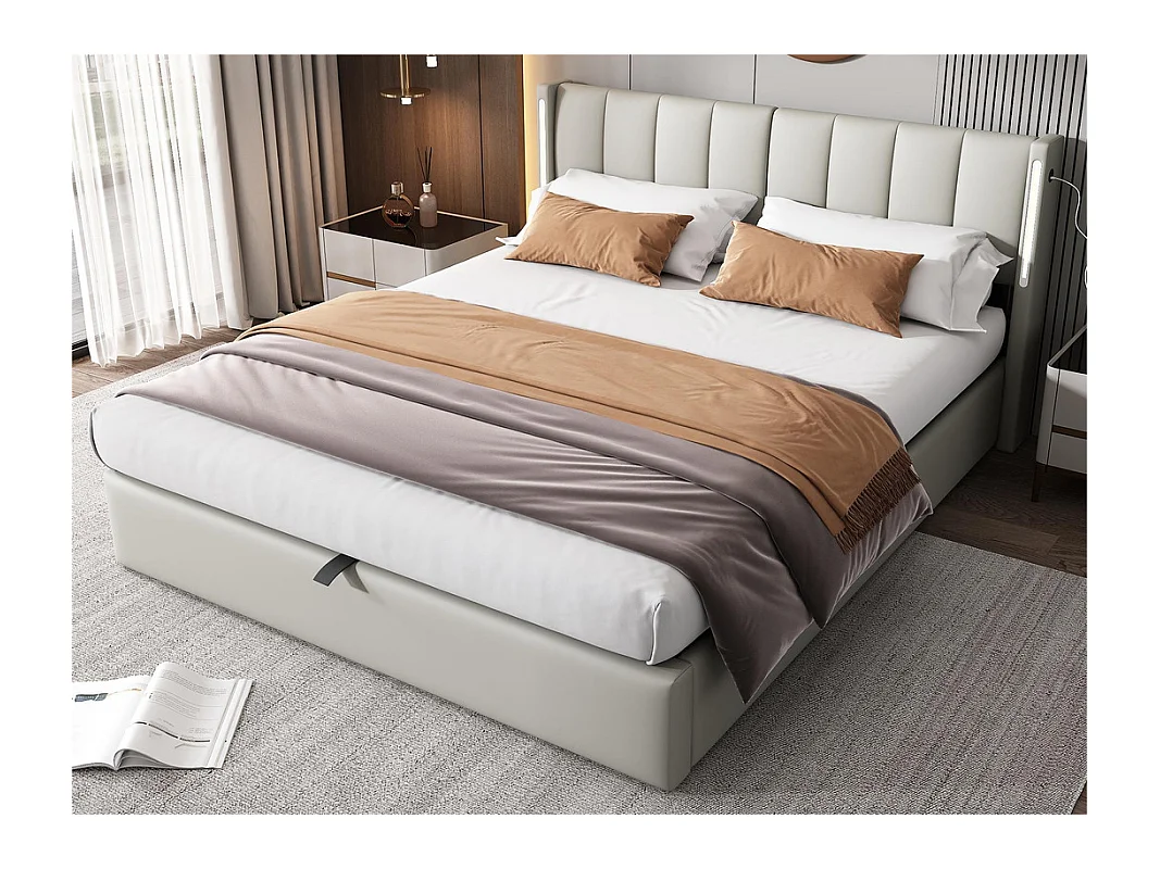 Lit coffre rembourré en similicuir - 180x200cm - avec Port USB et LED - tête de lit à angle réglable - Gris
