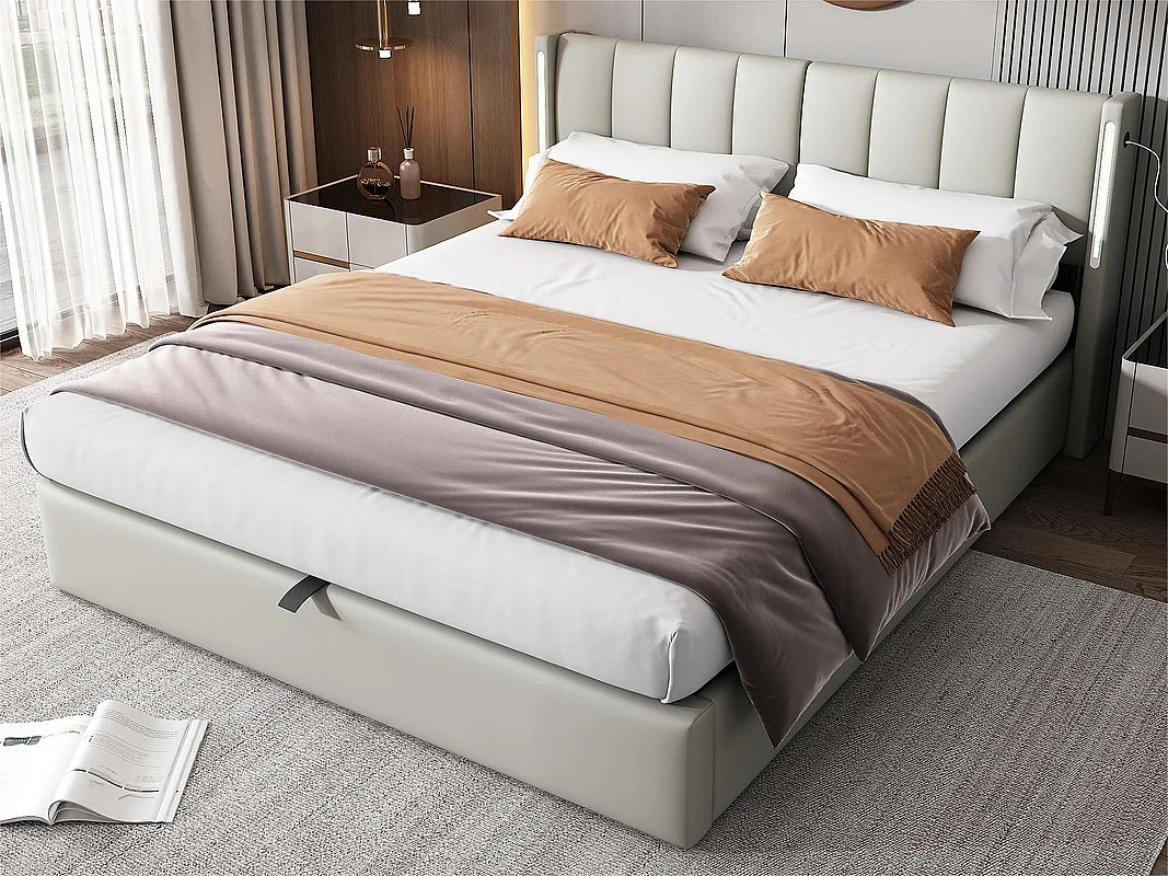 Gestoffeerd kunstleer opbergbed - 180x200cm - met USB-poort en LED - verstelbaar hoekhoofdeinde - Grijs